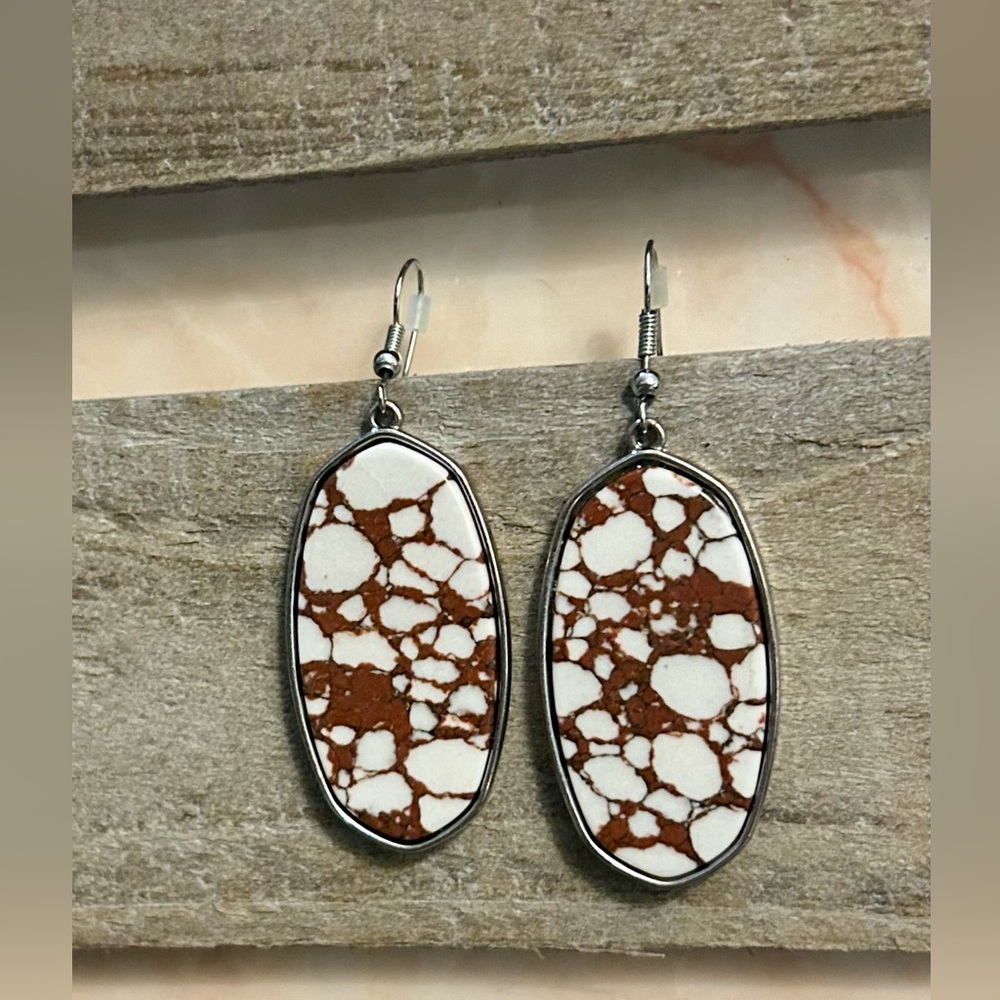 Brown and White Patterned Oval Earrings